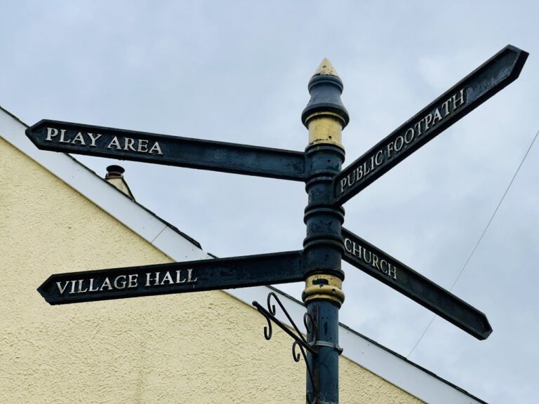 A signpost pointing in four directions, towards Play Area, Public Footpath, Village Hall and Church.